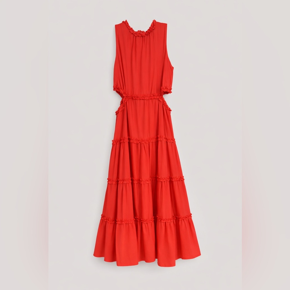 Red tiered sleeveless midi dress with side cut outs - Picture 2 of 4
